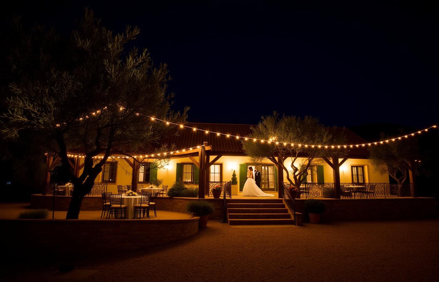 Finca de bodas iluminada de noche